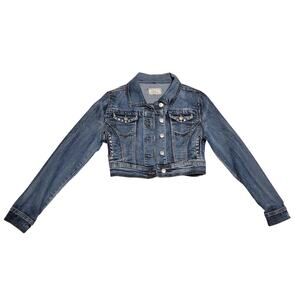 ChiQle Cropped Denim Jacket W/ Rhinestone Embellishments Womens Size Small EUC